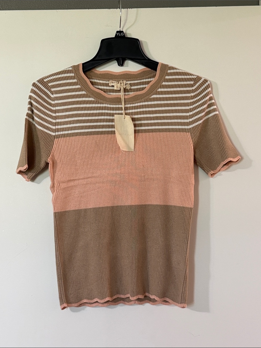 Hem & Thread Pink and Tan Striped Ribbed Short Sleeve Top